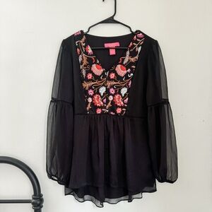Catherine Malandrino Black Sheer Peasant Blouse with Floral Embroidery sz M